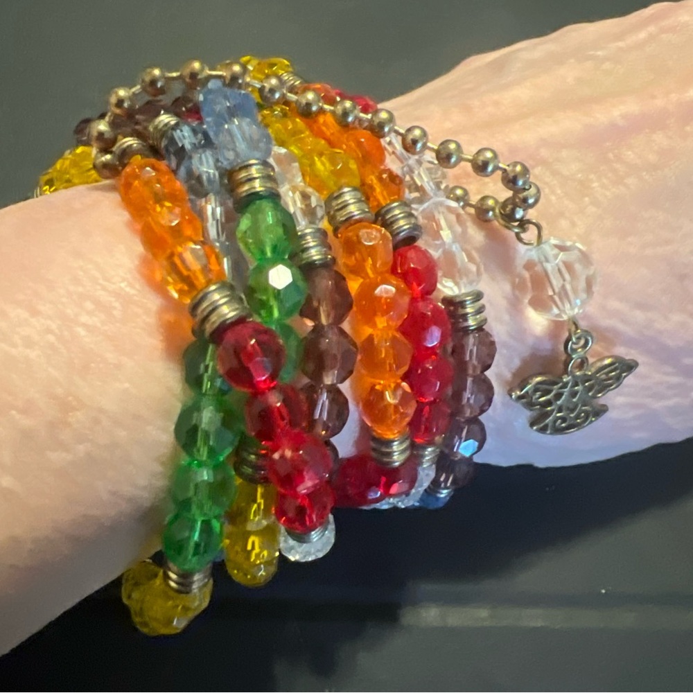 JE evolve, multicolor, bead, multi strand, stretch, bracelets, charm